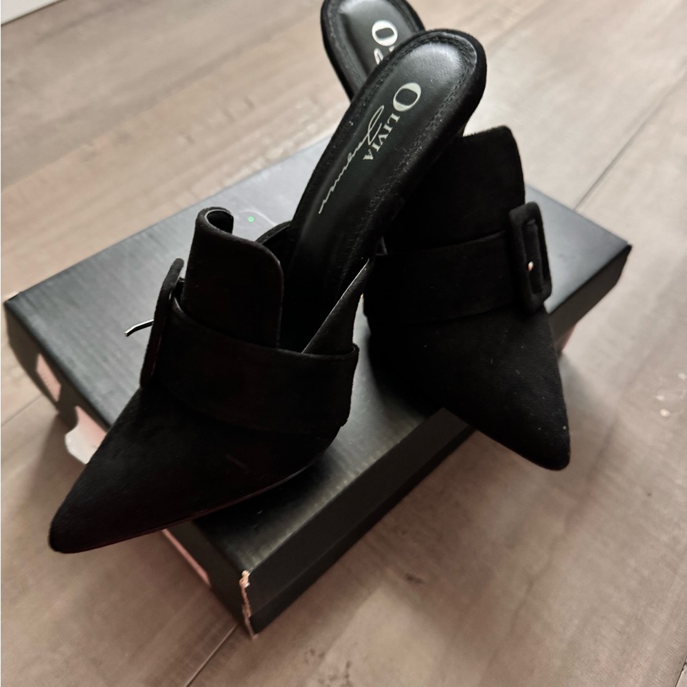 Olivia Jaymes Skinny Heel, Buckle, Suede Mule